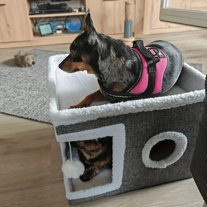 Dual-Level Bamboo Cat Tree Bed with Scratching Post