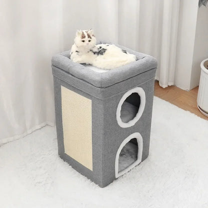 Dual-Level Bamboo Cat Tree Bed with Scratching Post