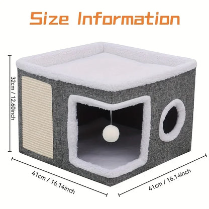 Dual-Level Bamboo Cat Tree Bed with Scratching Post