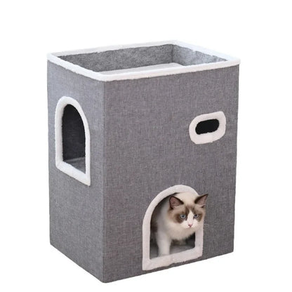 Dual-Level Bamboo Cat Tree Bed with Scratching Post