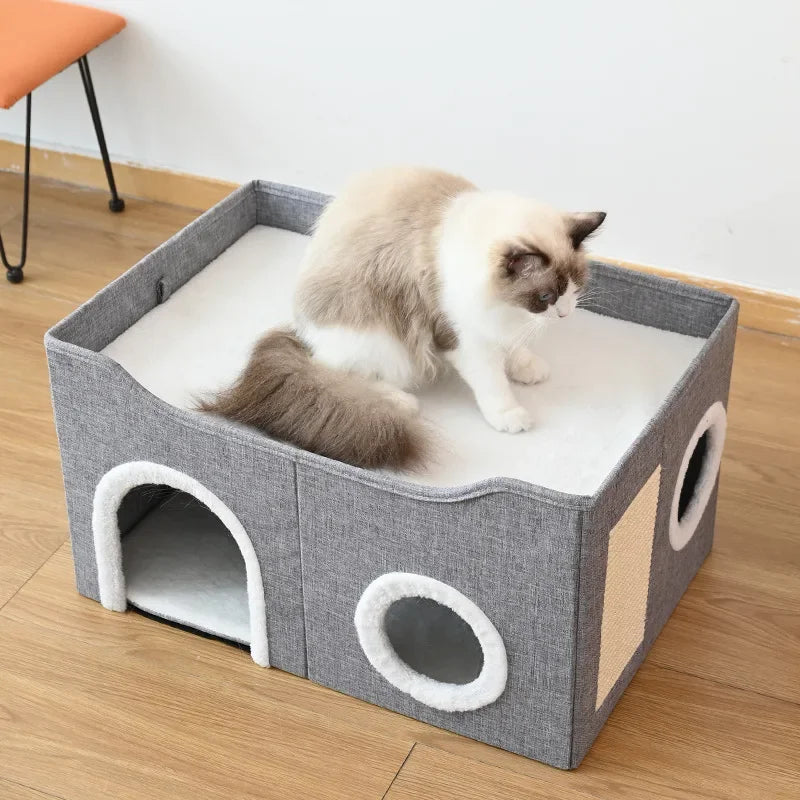 Dual-Level Bamboo Cat Tree Bed with Scratching Post