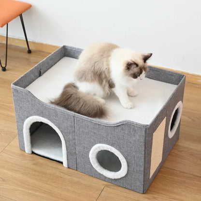 Dual-Level Bamboo Cat Tree Bed with Scratching Post