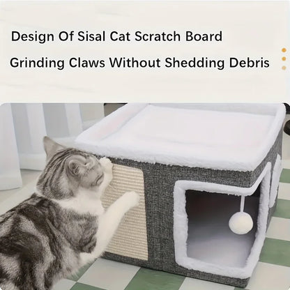 Dual-Level Bamboo Cat Tree Bed with Scratching Post