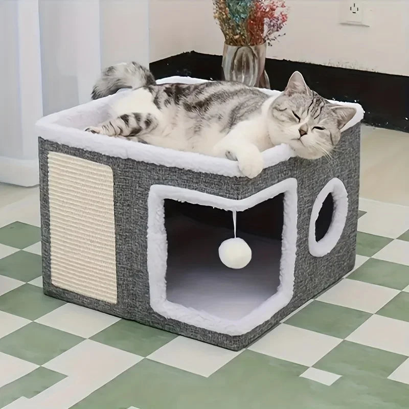 Dual-Level Bamboo Cat Tree Bed with Scratching Post