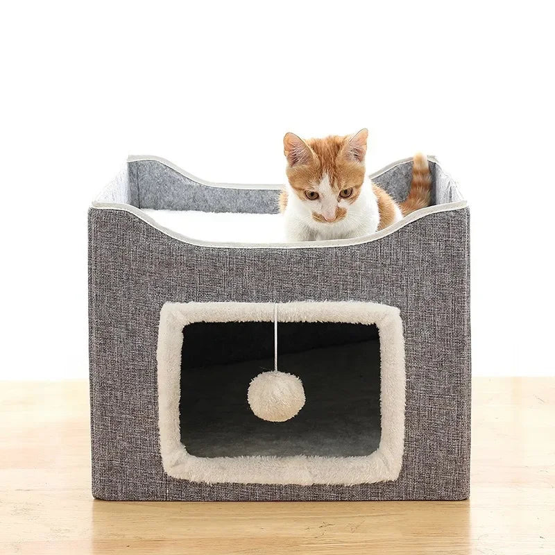 Dual-Level Bamboo Cat Tree Bed with Scratching Post