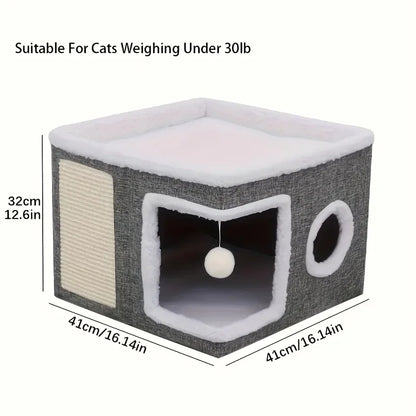 Dual-Level Bamboo Cat Tree Bed with Scratching Post